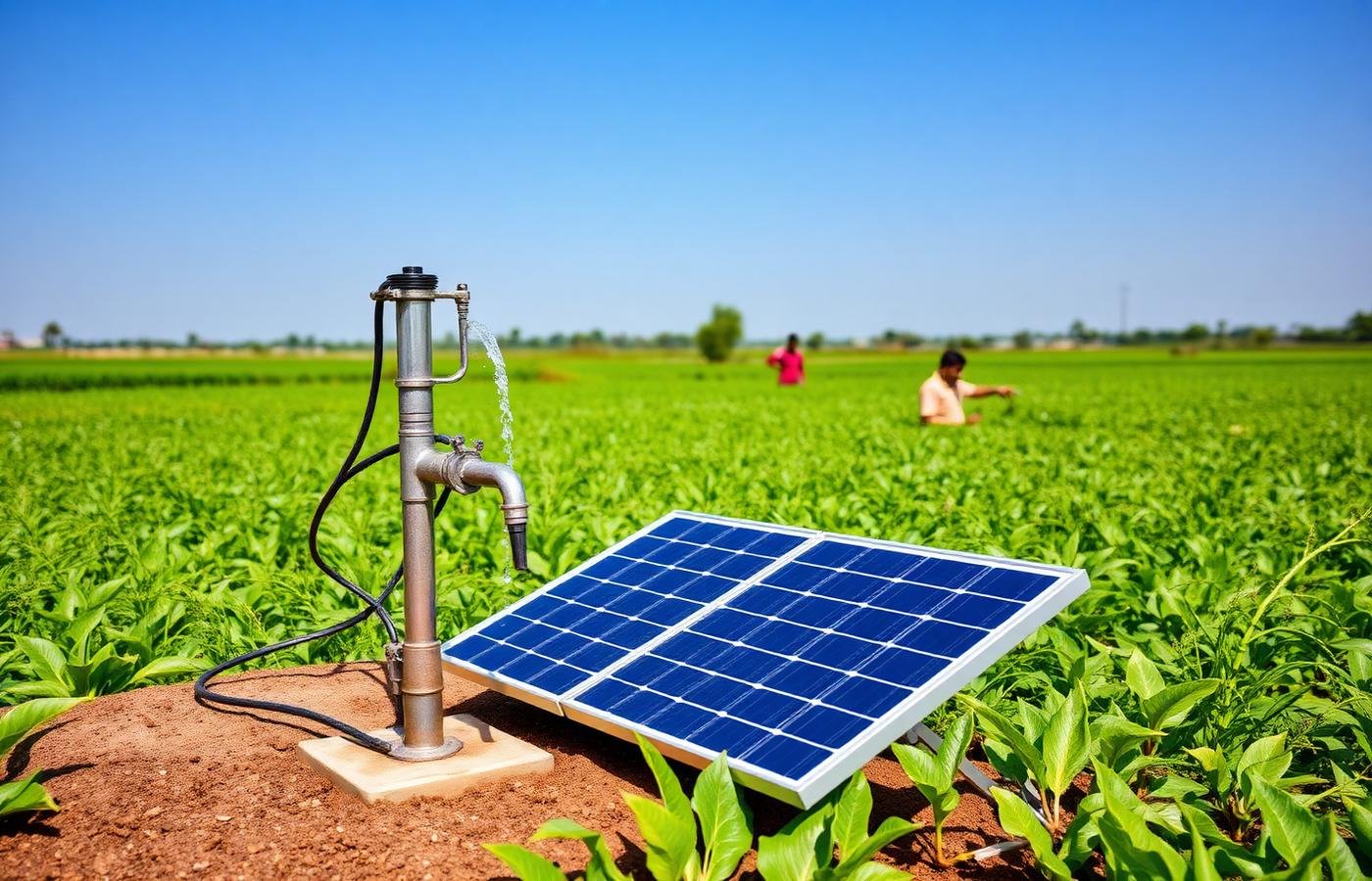 Solar water pumping system irrigating a green farm in India