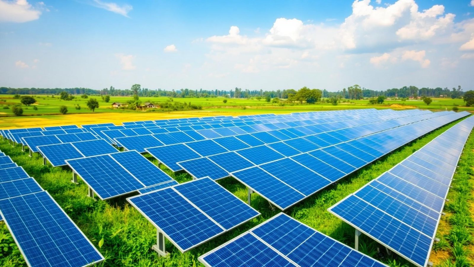 Solar panel installation in green agricultural fields of rural India under a bright blue sky