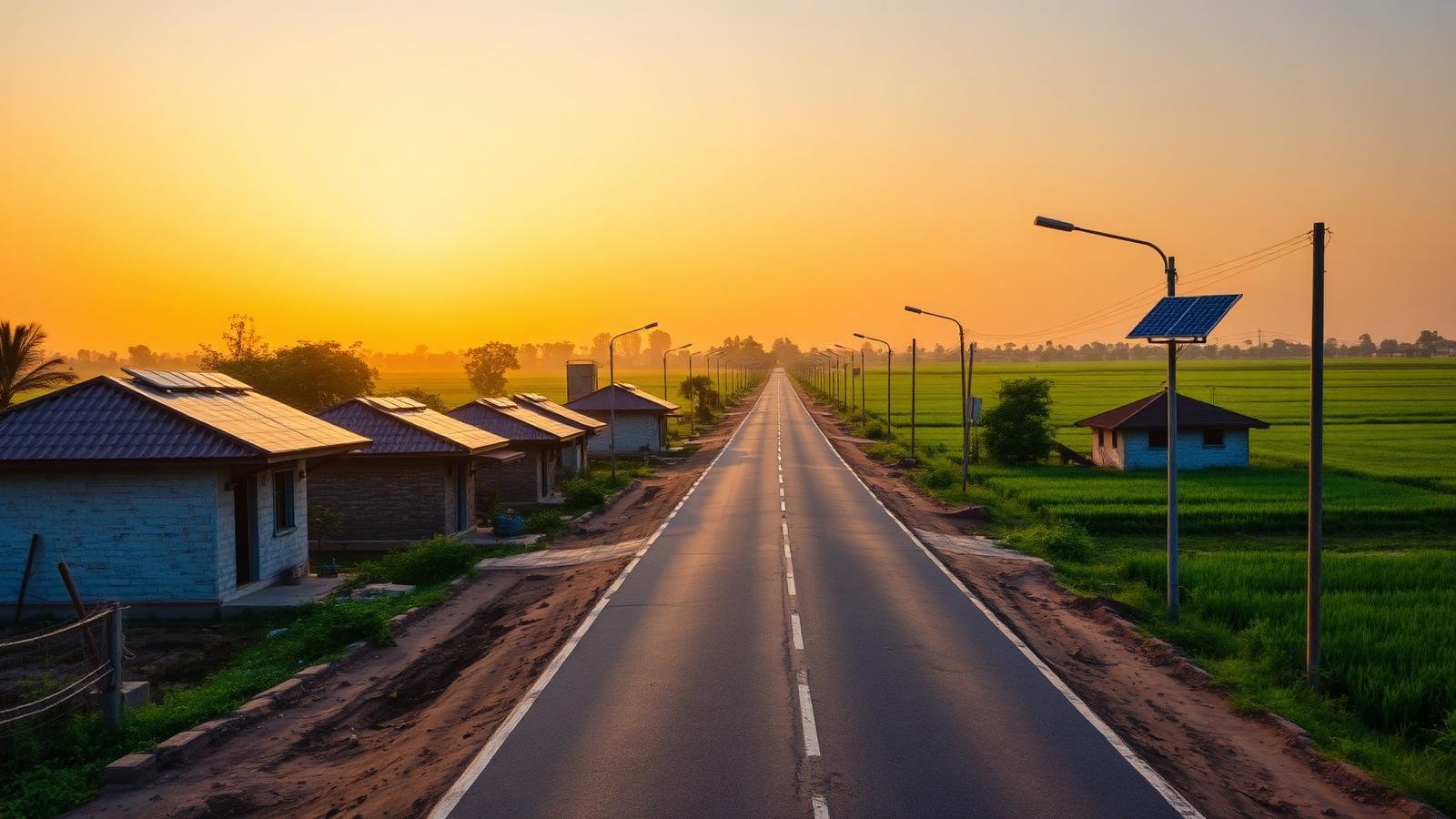 Solar street lights and rooftop panels powering an Indian village road at sunset